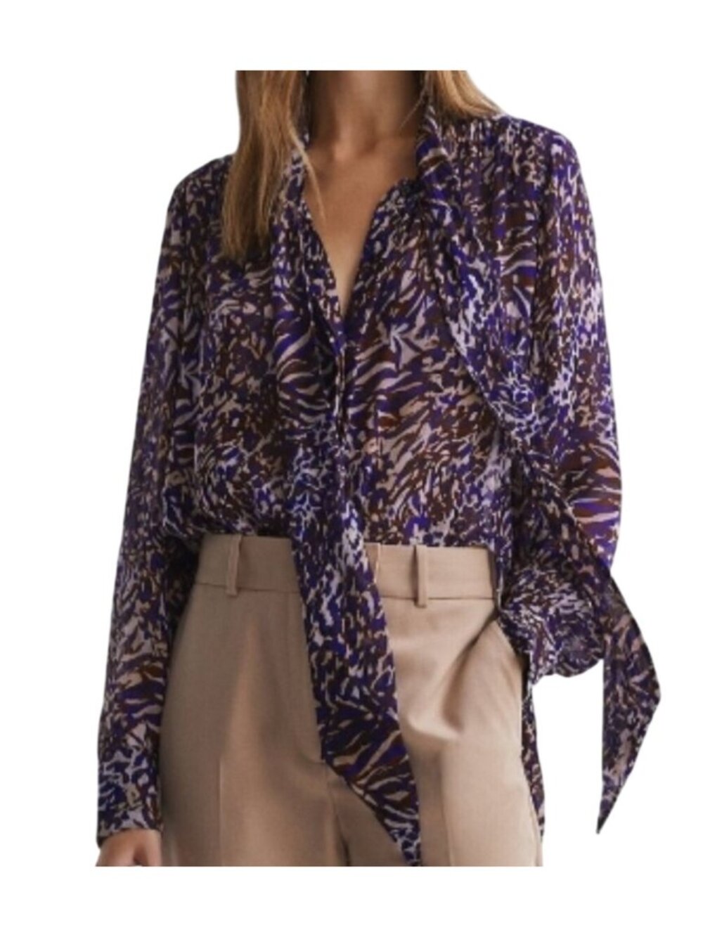 REISS Tora Animal Print Tie Neck Blouse Sz 6 Sheer Lightweight Career